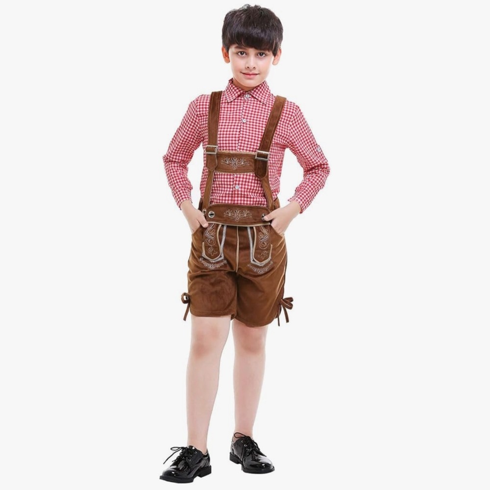 Brown Lederhosen with Red Checkered Shirt